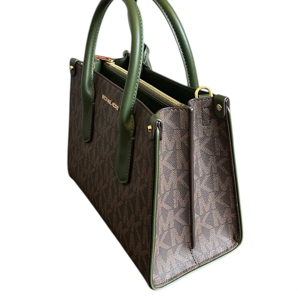 MICHAEL KORS Brown MK Logo Satchel with Olive Green Trim and Gold Hardware